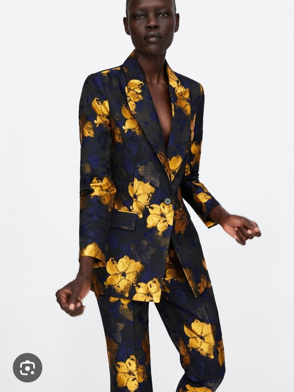 ZARA I US S Jacquard 3D Floral Blazer Jacket I navy blue gold